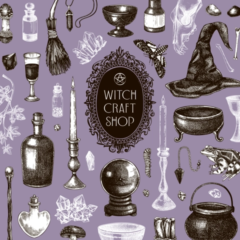 Witch party invitation design. Bohemian style Halloween hand-drawn vector illustration. Witchcraft sketches. NOT AI generated